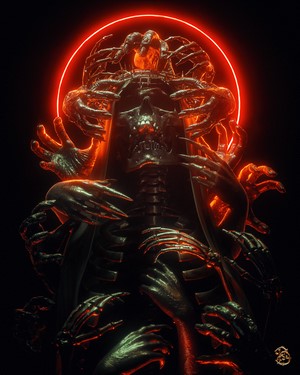 Skeleton figure with multiple hands and red halo
