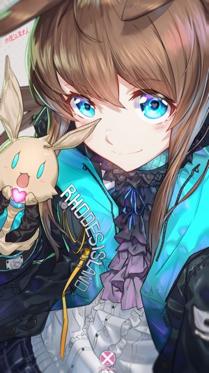 Anime girl with blue eyes and bunny plush from Arknights