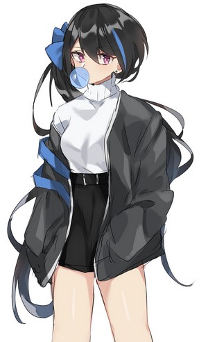 Anime girl with bubble gum and blue bow