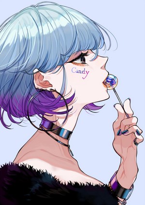 Anime girl with blue and purple hair eating a lollipop