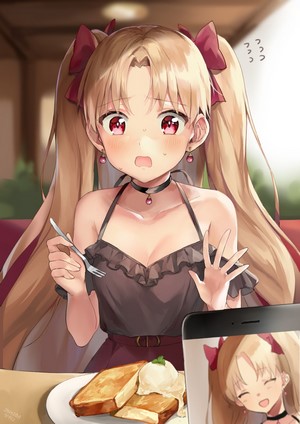 Ereshkigal from Fate/Grand Order eating at a restaurant