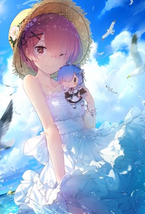 Ram from Re:Zero holding Rem plushie on beach