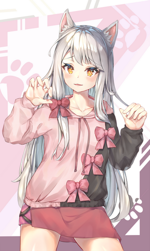 Anime cat girl with long gray hair and yellow eyes