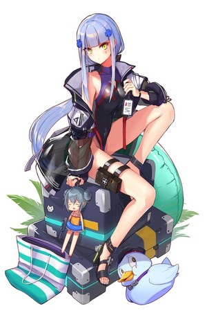 HK416 from Girls Frontline sitting on luggage