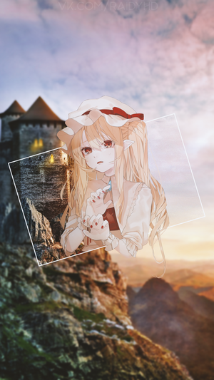 Anime girl with blonde hair and red eyes in front of a castle
