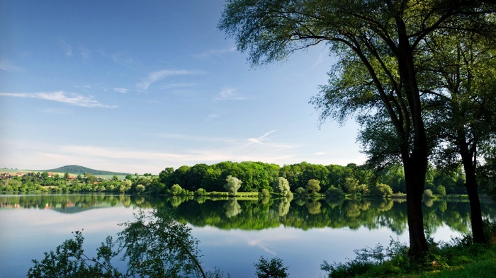 Lake with trees and reflections under a blue sky