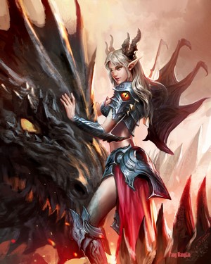 Fantasy woman with horns and armor next to a dragon