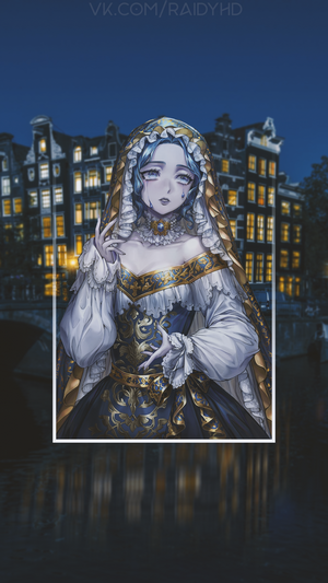 Anime girl in historical dress in front of Amsterdam canal houses