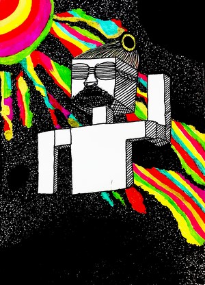 Blocky character with sunglasses and beard in psychedelic space