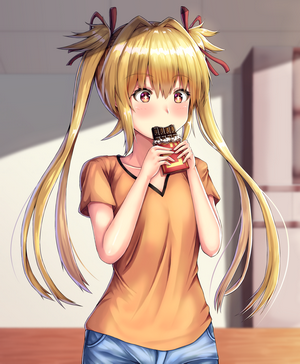 Anime girl with blonde pigtails eating chocolate