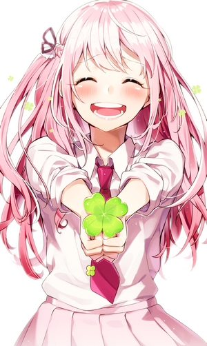 Anime girl with pink hair holding a four-leaf clover