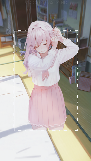 Anime girl with pink hair tying her hair