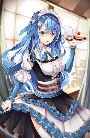 Anime maid with blue hair serving tea and cake