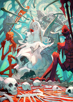 Girl with white hair and red eyes on a skull throne