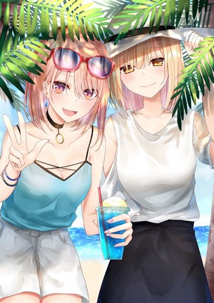 Two anime girls on a beach with palm leaves