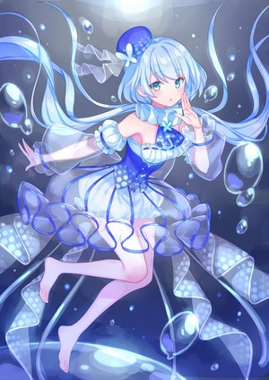 Anime girl with blue hair and dress in water