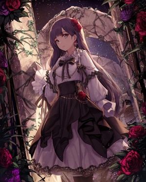 Anime Girl with Purple Hair and Red Flowers