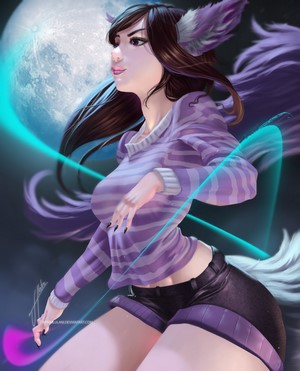 Anime girl with purple striped sweater and fox ears