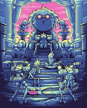 Rick and Morty with robotic dogs in a temple