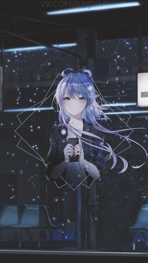 Anime girl with blue hair holding a phone