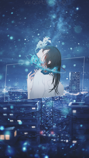 Anime girl with blue creature over city at night