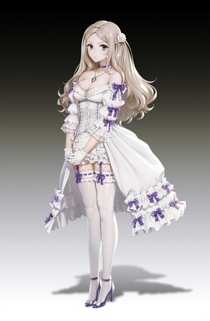 Anime girl in white dress with purple ribbons