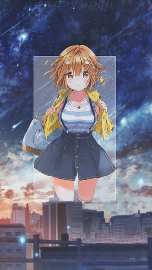 Anime girl in yellow jacket and denim skirt