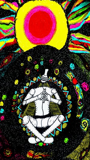 Psychedelic drawing of a skeleton meditating in space