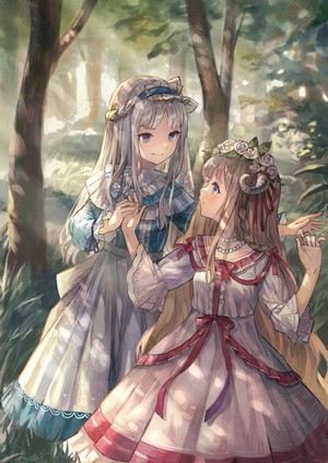 Two anime girls in dresses in a forest