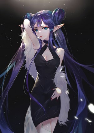 Anime Elf Girl in Black Dress with Blue Eyes