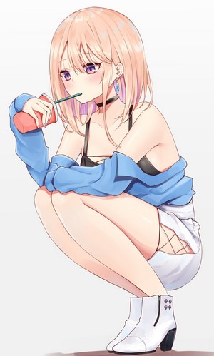 Anime girl with short blonde hair drinking from a cup