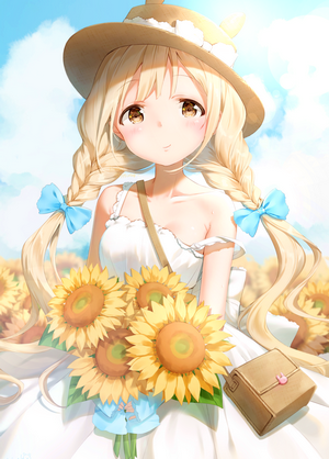 Anime girl with blonde braided hair and sunflowers
