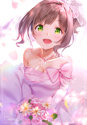 Anime girl in wedding dress holding flowers