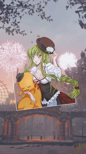 C.C. from Code Geass holding a plush toy