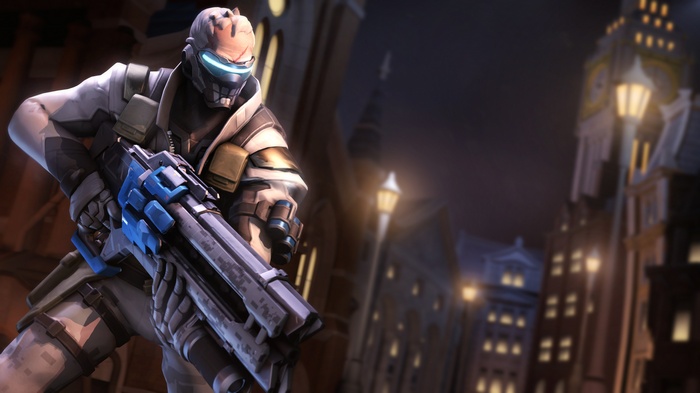 Soldier: 76 from Overwatch in a city at night