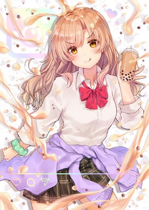 Anime girl with blonde hair holding bubble tea