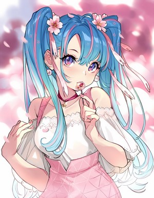 Anime girl with blue hair and cherry blossoms