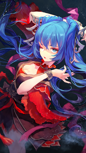 Anime girl with blue pigtails and red dress