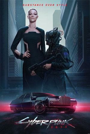 Cyberpunk 2077 poster with characters and car