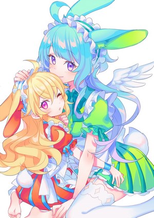 Two anime girls with bunny ears, one with blonde hair, the other with blue hair