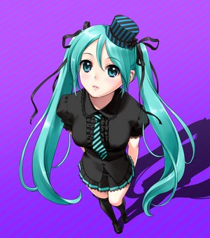 Hatsune Miku from Vocaloid wearing a black outfit and hat