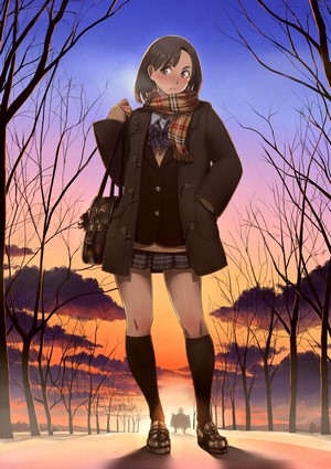 Anime girl in school uniform at dawn