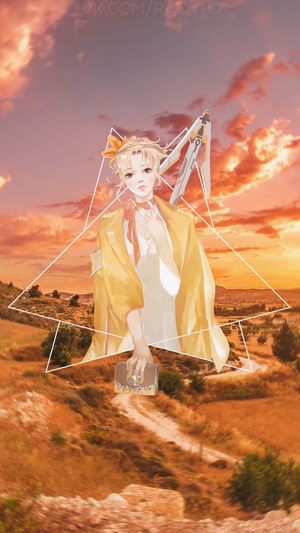 Anime girl with sword and purse in landscape