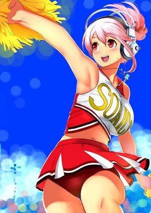Anime girl cheerleader with pink hair and headphones