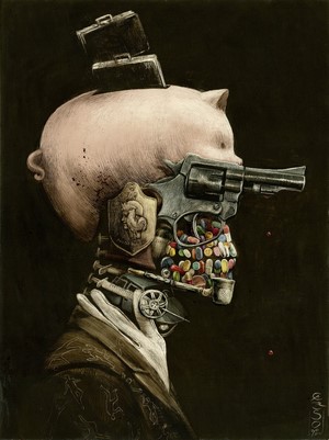 Surreal artwork of a piggy bank head with a gun and pills
