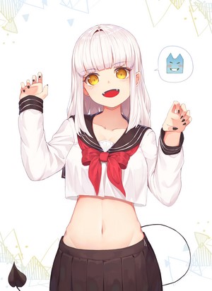 Anime girl with white hair and fangs in school uniform