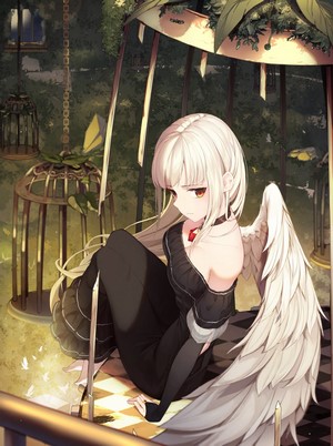 Anime girl with white hair and wings in a black dress