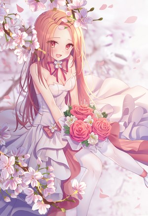 Anime girl in white dress holding roses under cherry blossoms