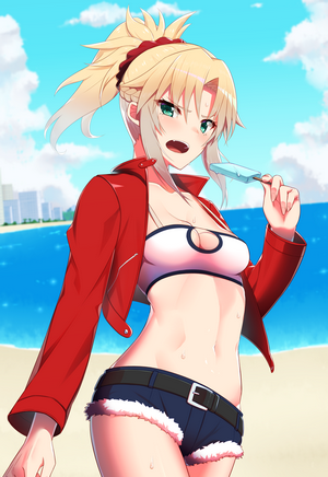 Mordred from Fate/Grand Order eating ice cream on the beach