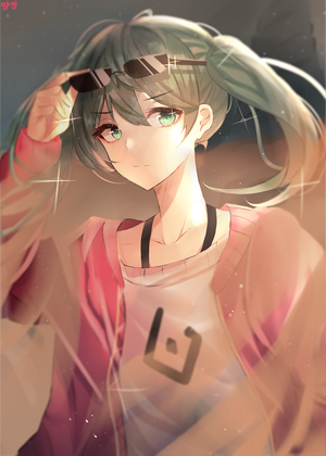 Anime girl with green eyes and sunglasses